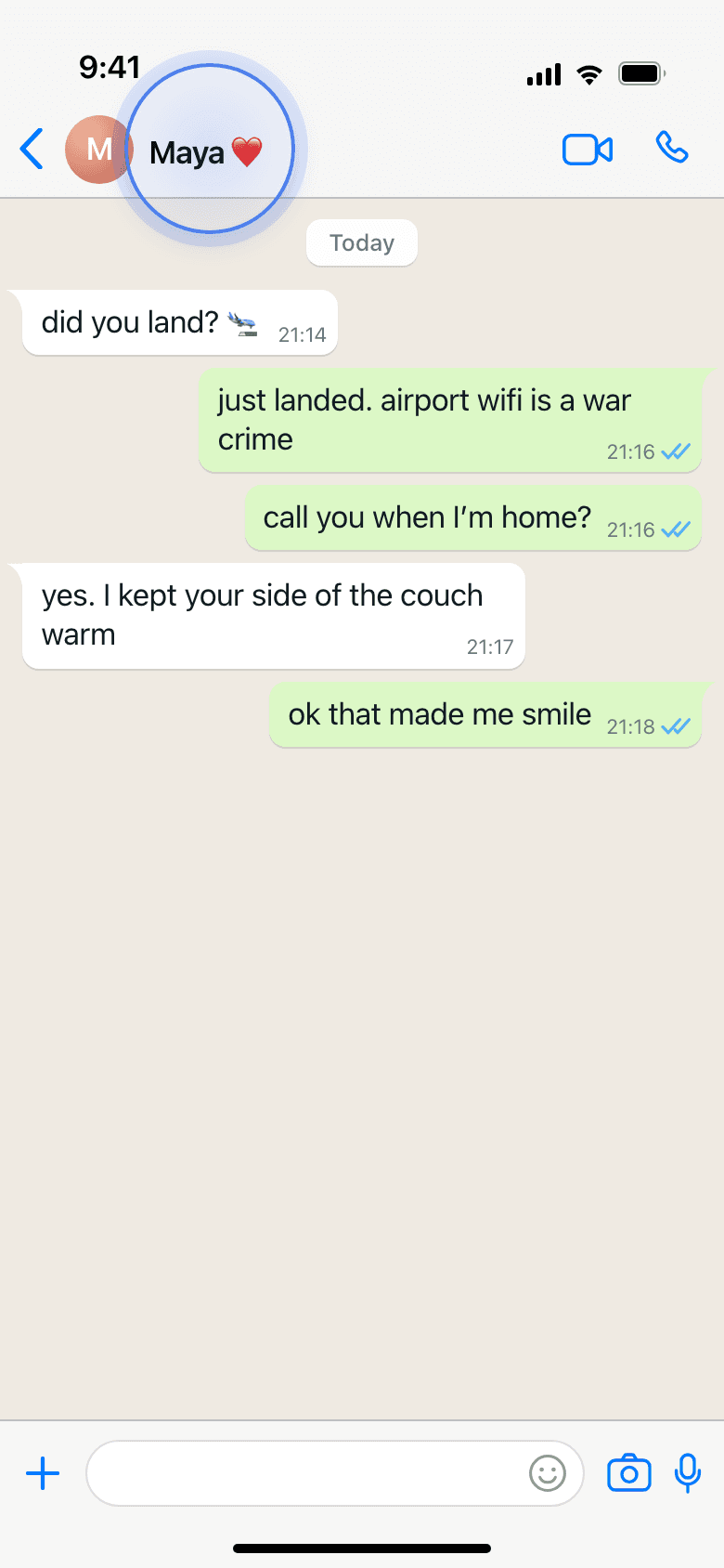 WhatsApp chat open, with the contact's name highlighted at the top of the screen
