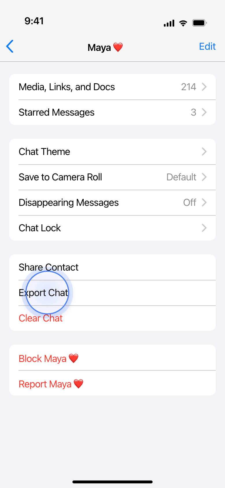 WhatsApp contact info screen with the Export Chat row highlighted