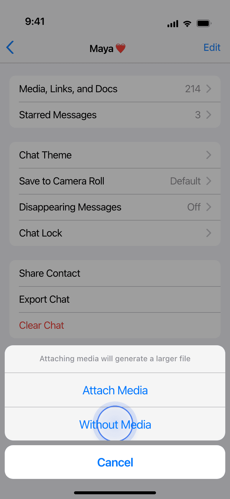 WhatsApp export options with Without Media highlighted