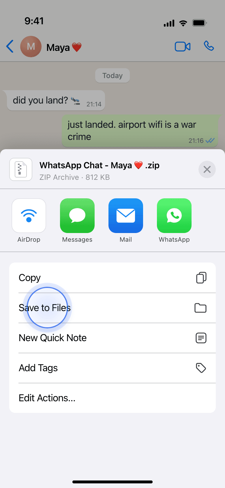 iPhone share sheet with Save to Files highlighted
